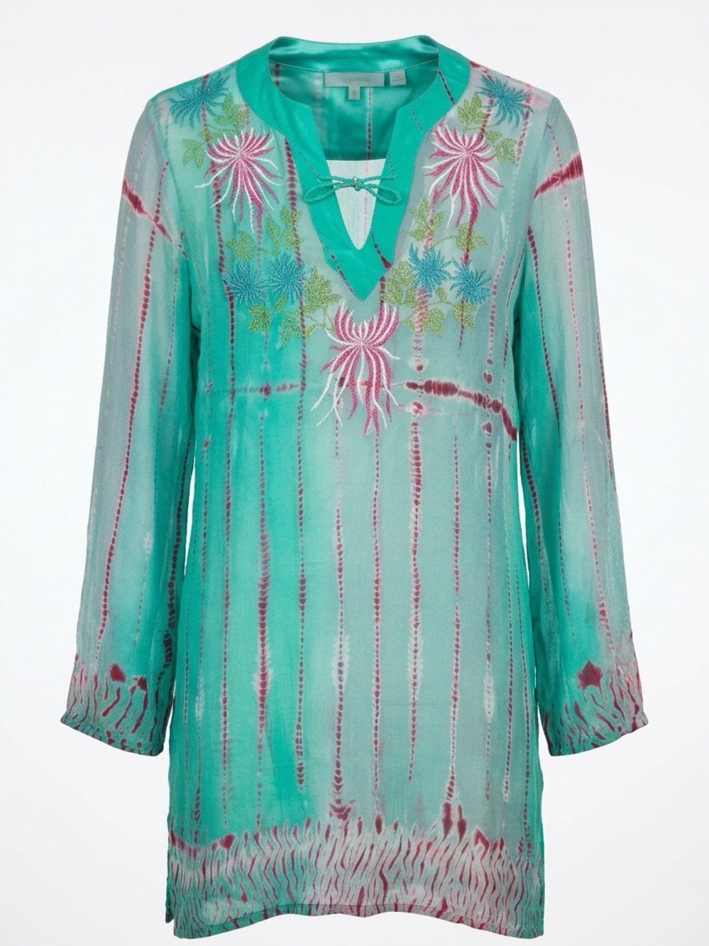 100% Silk Tie-Dye Caftan Tunic Embroidered Floral Teal Sz M